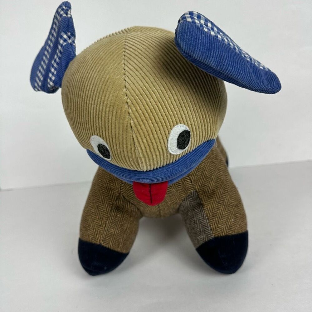 Pottery Barn Kids Tweed Corduroy Plush Puppy Dog 14" 2008 Brown Blue Tan